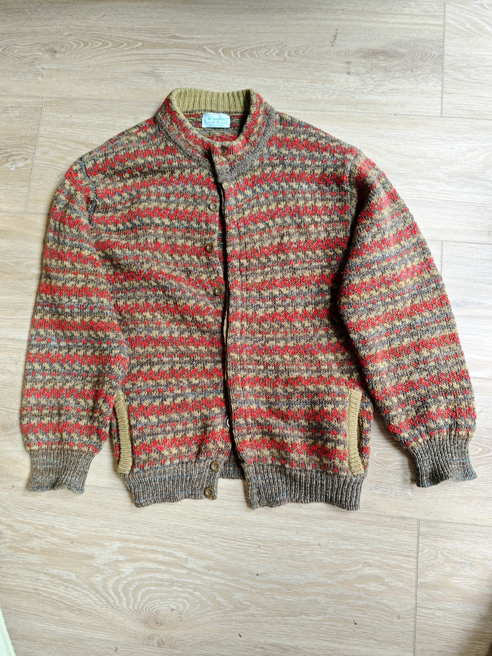 Vintage United Colors Of Benetton Red and Brown Patterned Wool Cardigan